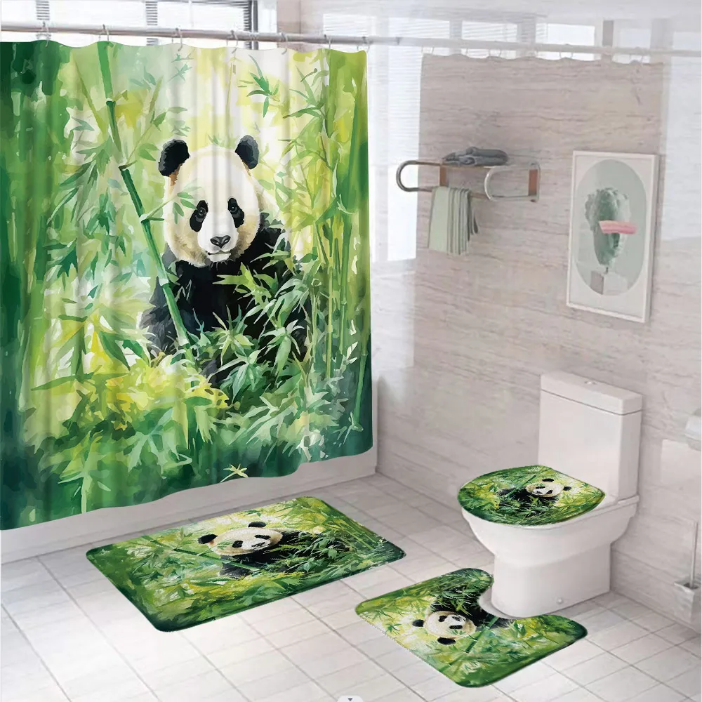 Bamboo Bath Mat - 수채화 녹색 대나무 샤워 커튼 세트,