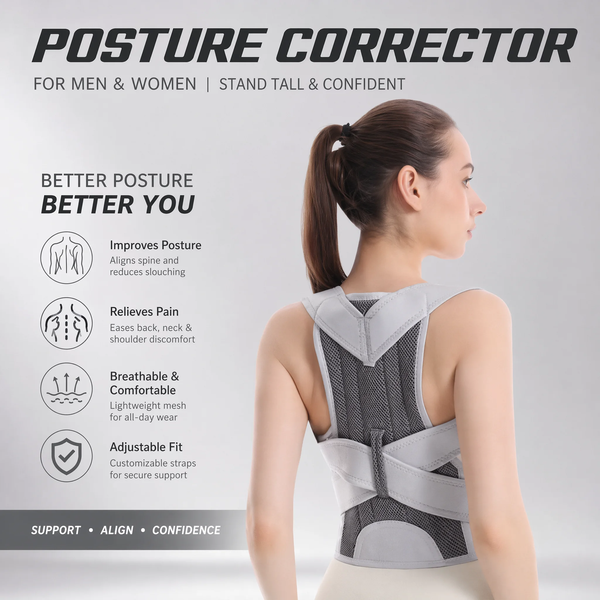 Posture Corrector Back Brace - 새로운 디자인의 험프백형 등받이 지지대, 상부